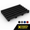 Heronair anti-fatigue matting in four colors: dark gray, black, red, and blue, with slip-resistant surface pattern