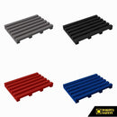 Heronair industrial matting with drainage channels showing available color options: black, gray, blue, and red
