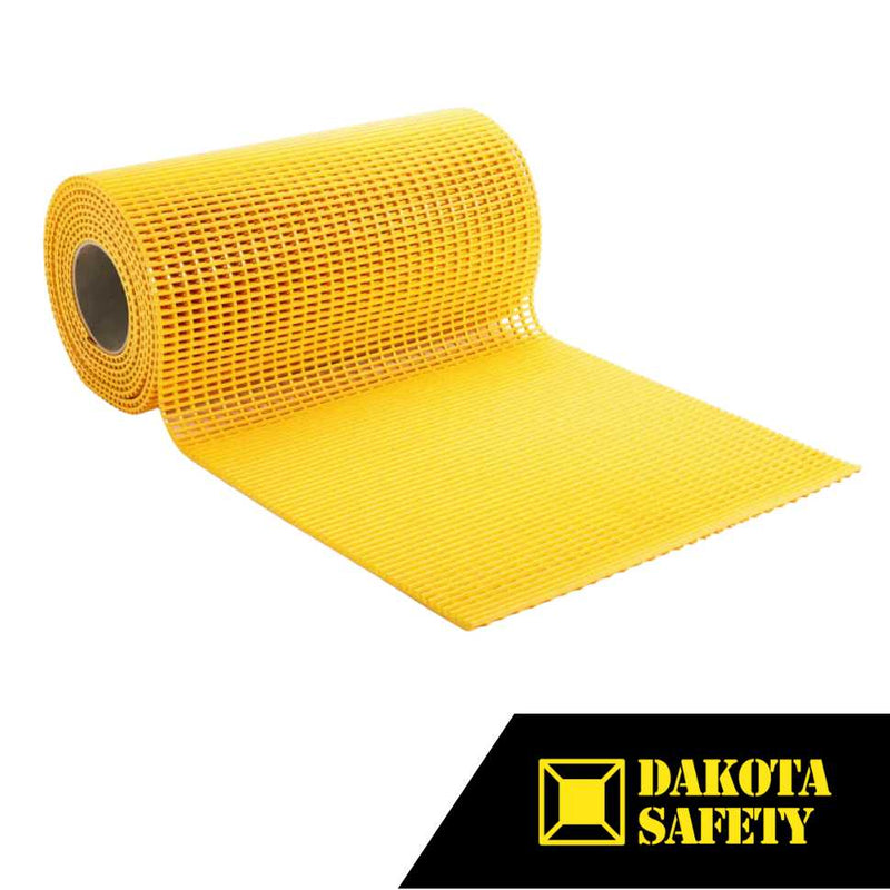 Roll of yellow CrossGrip PVC roof matting by Dakota Safety, designed for slip resistance and roof membrane protection on PVC and TPO roof systems.