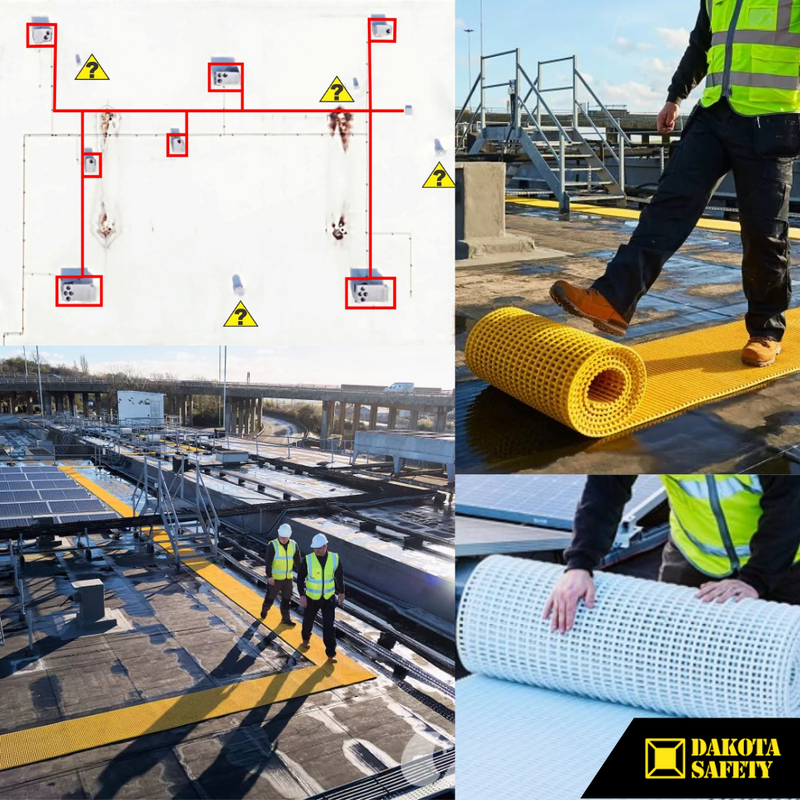 Dakota Safety's Crossgrip matting used on rooftop walkways to prevent slips and protect PVC/TPO roofing systems. Ideal for defining work surfaces and providing puncture protection.