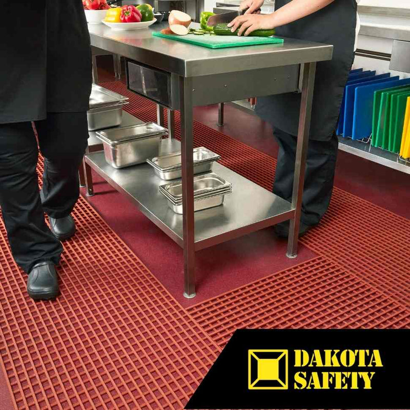 Herongripa heavy-duty PVC matting in commercial kitchen prep area, providing anti-bacterial food safety surface