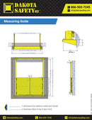 Mezzanine door gate measuring guide showing clear-opening, door-frame and mounting dimensions.