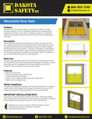 Mezzanine door gate product data sheet with an installation photo, specifications and dimensional drawings.