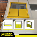 Yellow self-closing mezzanine door gate installed in an upper-level double doorway with front and perspective technical drawings.