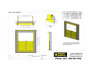 Self-closing mezzanine door gate installed in a double doorway with front and perspective drawings.